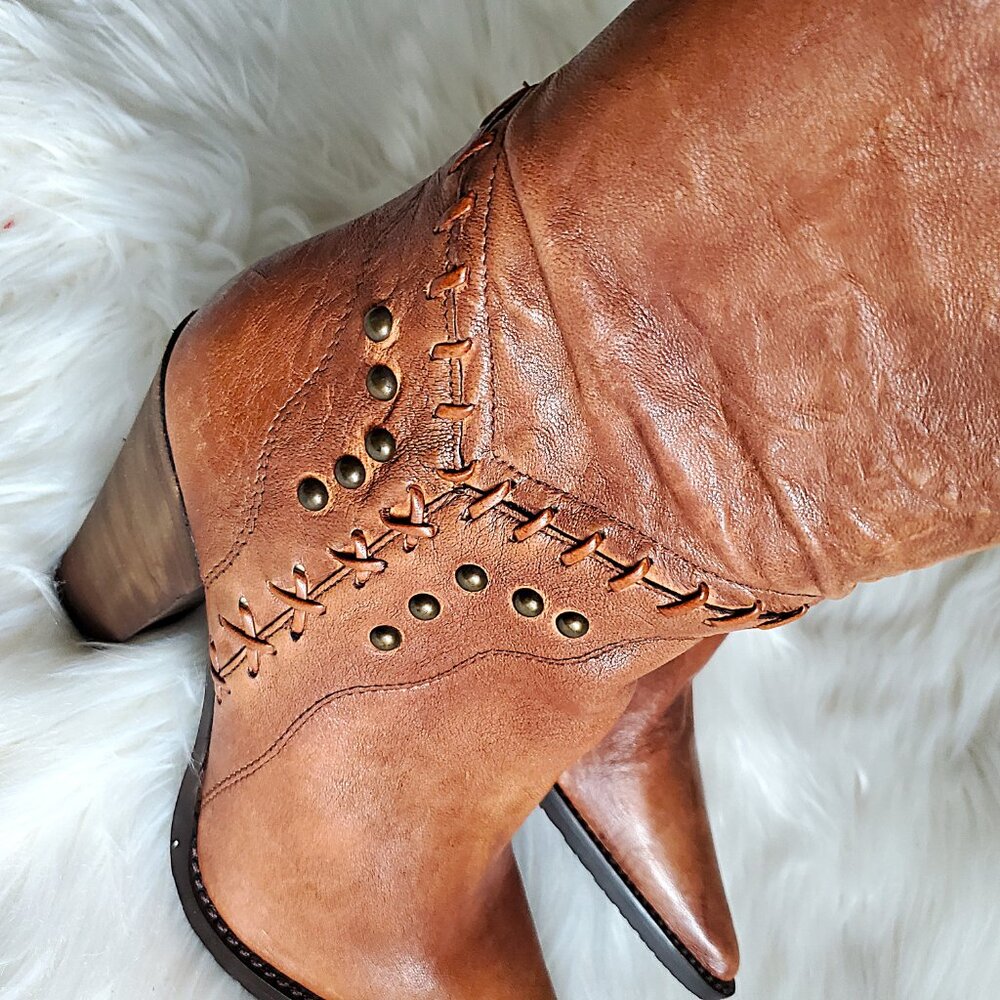 Andre' Cognac Leather Riding Studded Side Zipper Knee High Boot SZ 8 - Picture 14 of 16